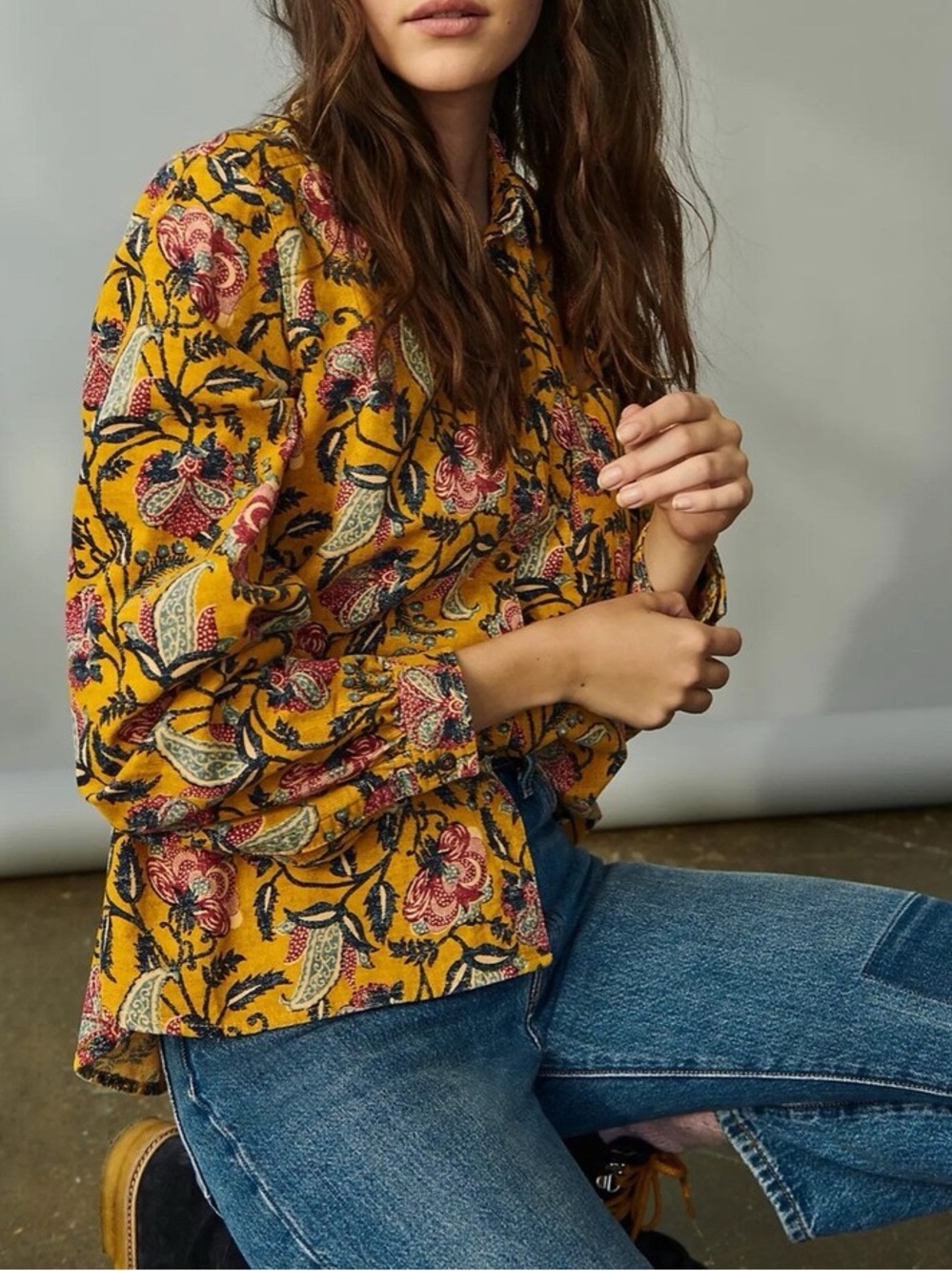 Pilcro Anthropologie Sigourney Corduroy Floral Paisley Button Up Shirt Hippie XL